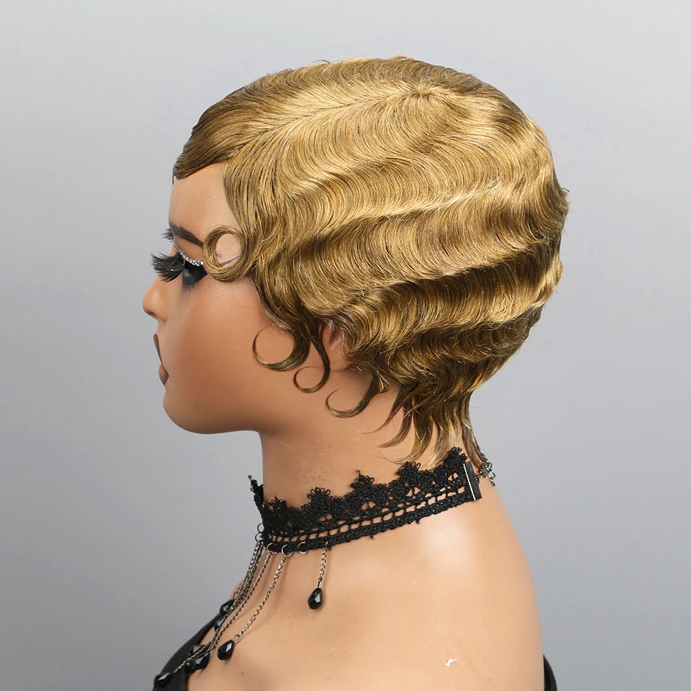 Natural Short Finger Wave Human Hair Pixie Wig for Women