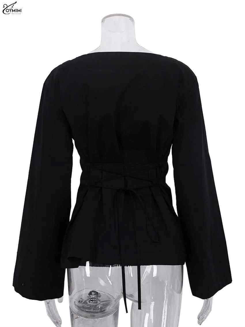 Oymimi Fashion Black Cotton Women's Blouse Elegant O-Neck Long Sleeve Loose Blouses Casual New Solid Lace-Up Blouses Streetwear