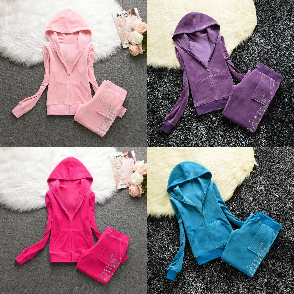 Y2K Velvet Rhinestone Two Piece Tracksuit Set for Women
