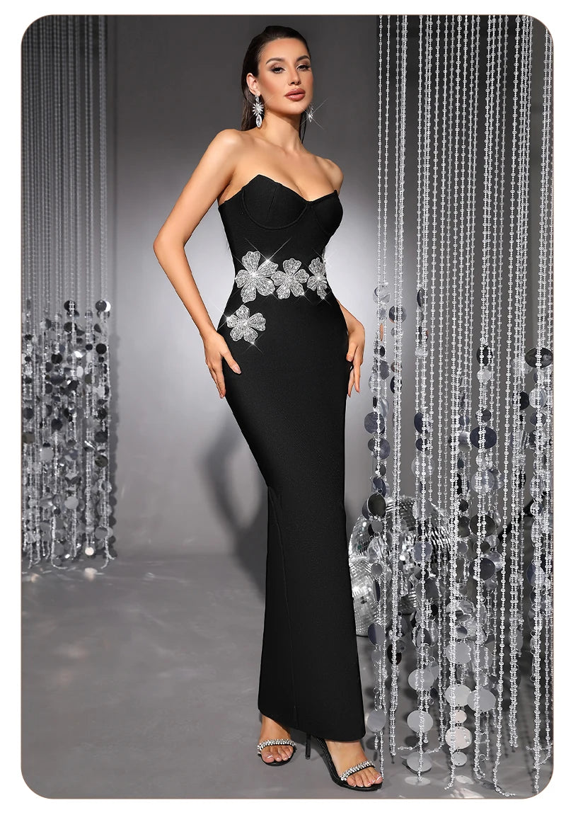 Strapless Crystal Flower Embellished Bodycon Maxi Dress for Women