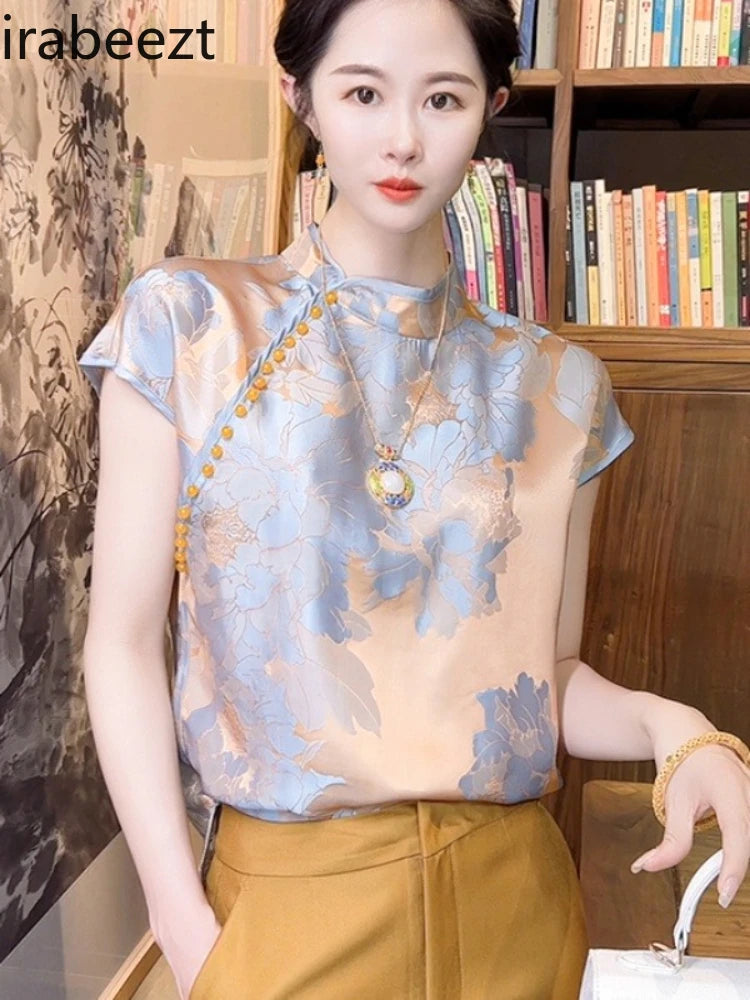 Chinese Inspired Floral Jacquard Satin Blouse For Women