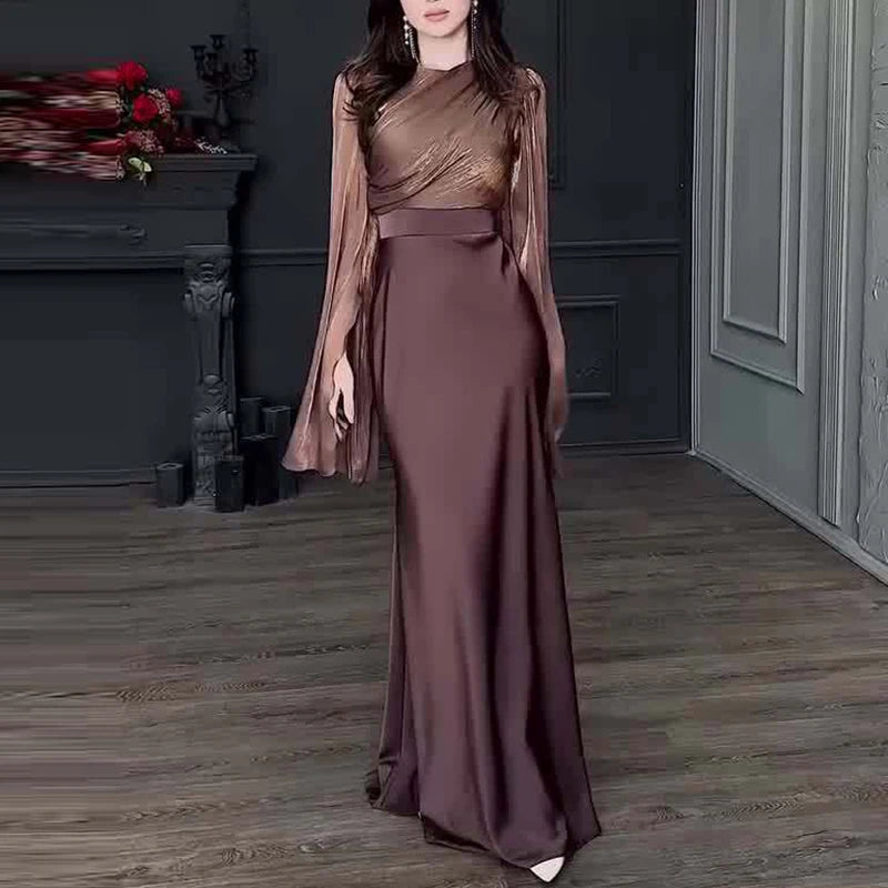 2024 New Women's O-neck Slim Satin Dress Fashion Patchwork High Waist Evening Dress Fall Elegant Solid Color Party Long Dresses