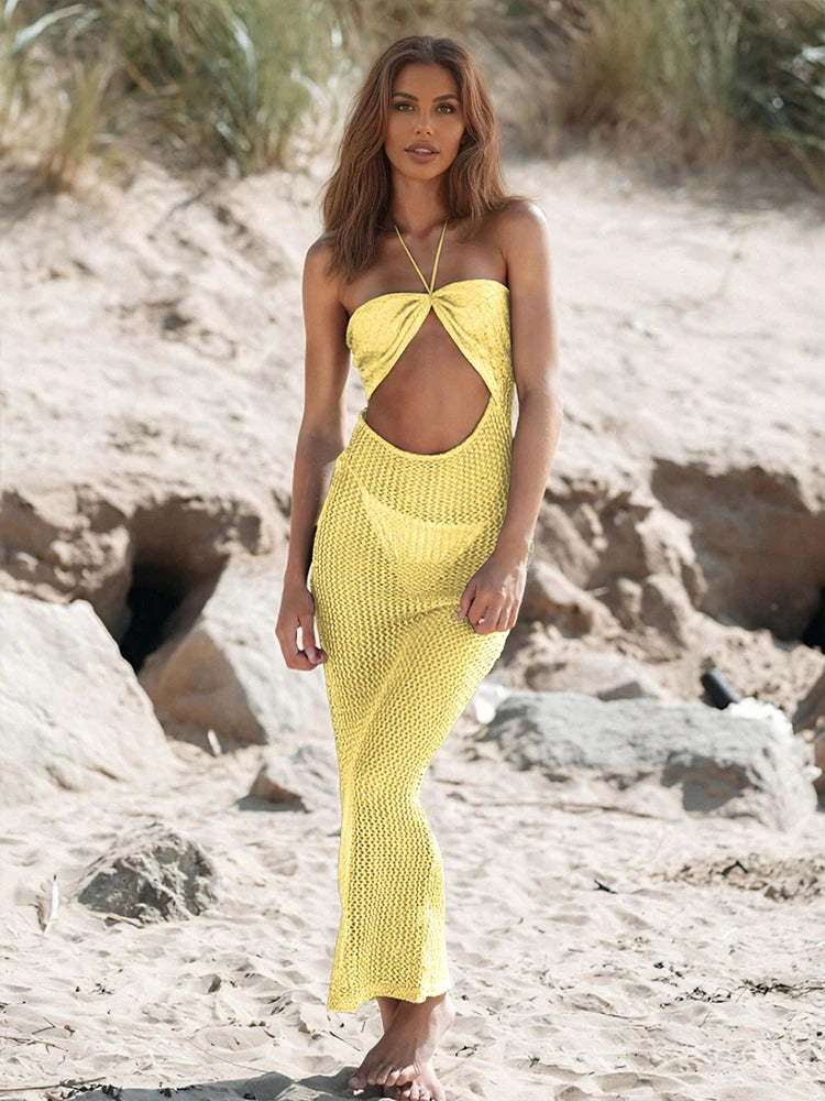 Sexy Knit Halter Neck Cut Out Beach Maxi Dress 2025 Summer Swimsuit Cover Up Women's Solid Colour Vacation Party Outfit K232