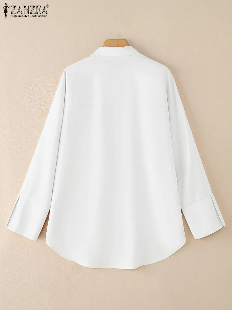 Oversized White Long Sleeve Button Up Blouse for Women