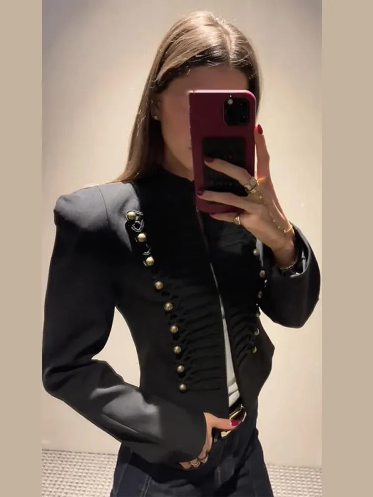 Chic Shoulder Padded Stand Collar Full Sleeve Blazer for Women