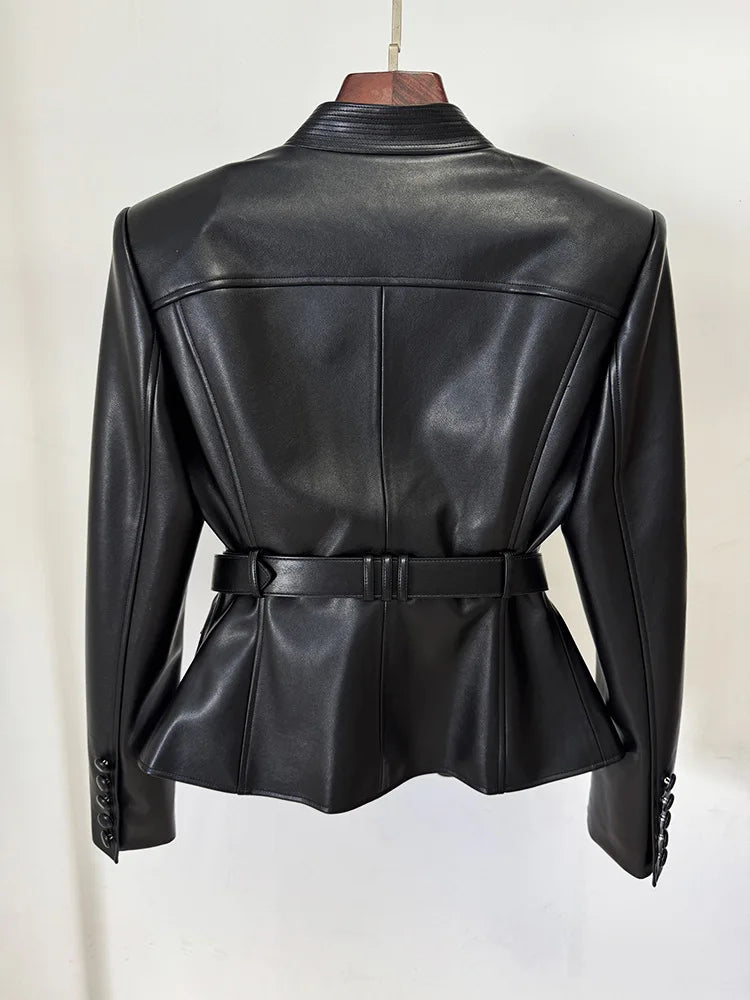 Slim Fit Faux Leather Motorcycle Jacket With Pockets for Women