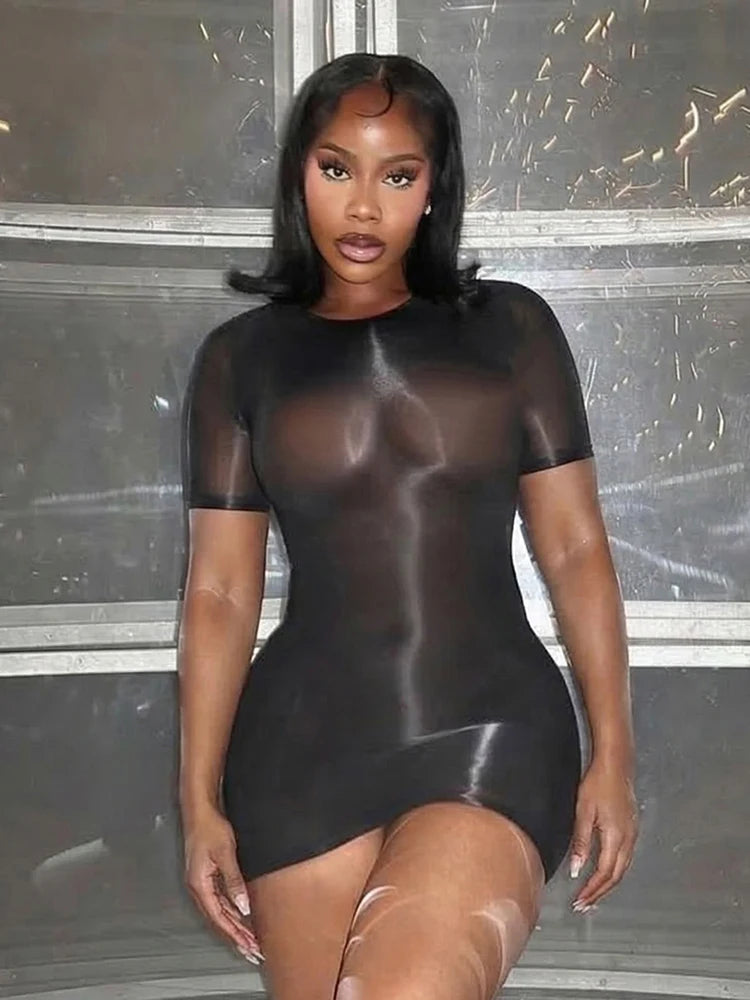 Elegant See Through Mini Dress with Stretch for Women