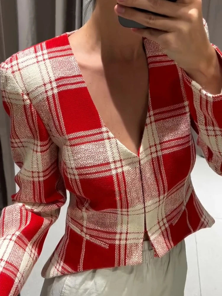 Elegant Plaid Long Sleeve V-Neck Single Breasted Jacket for Women