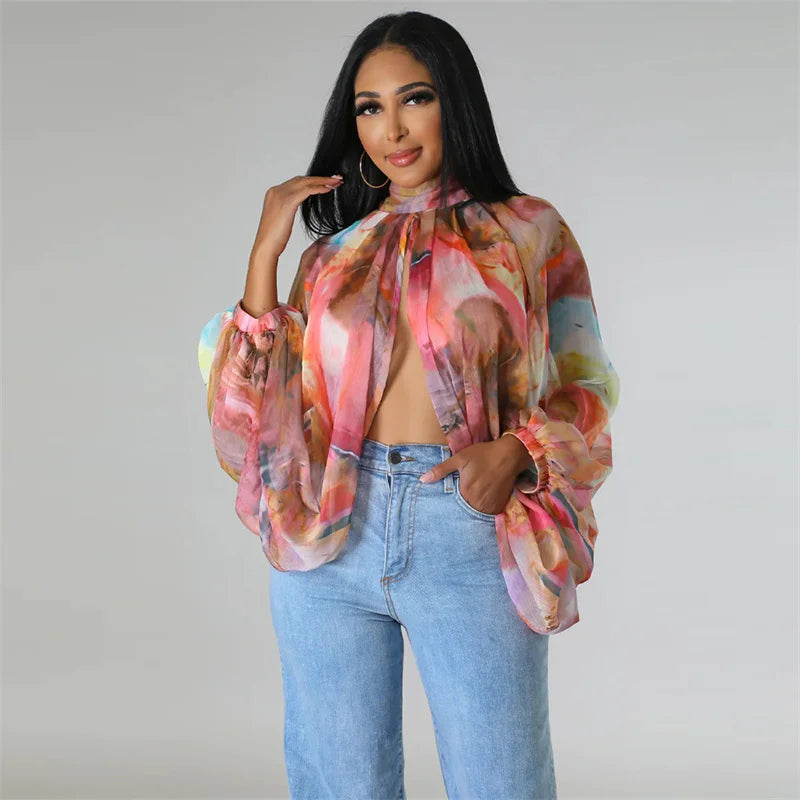 Printed Batwing Sleeve Chiffon Blouse With Sheer Front for Women
