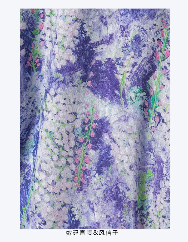 Casual Mandarin Collar Vintage Print Ramie Dress for Women