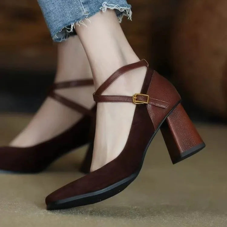 Block Heel Suede Paneled Vintage Mary Janes with Cross Strap for Women