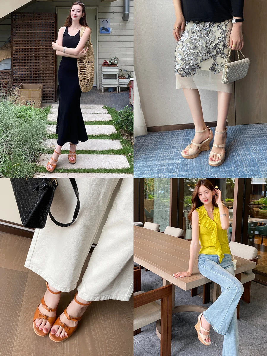 Elegant Apricot Buckle Platform Thick Heel Wedge Sandals for Women