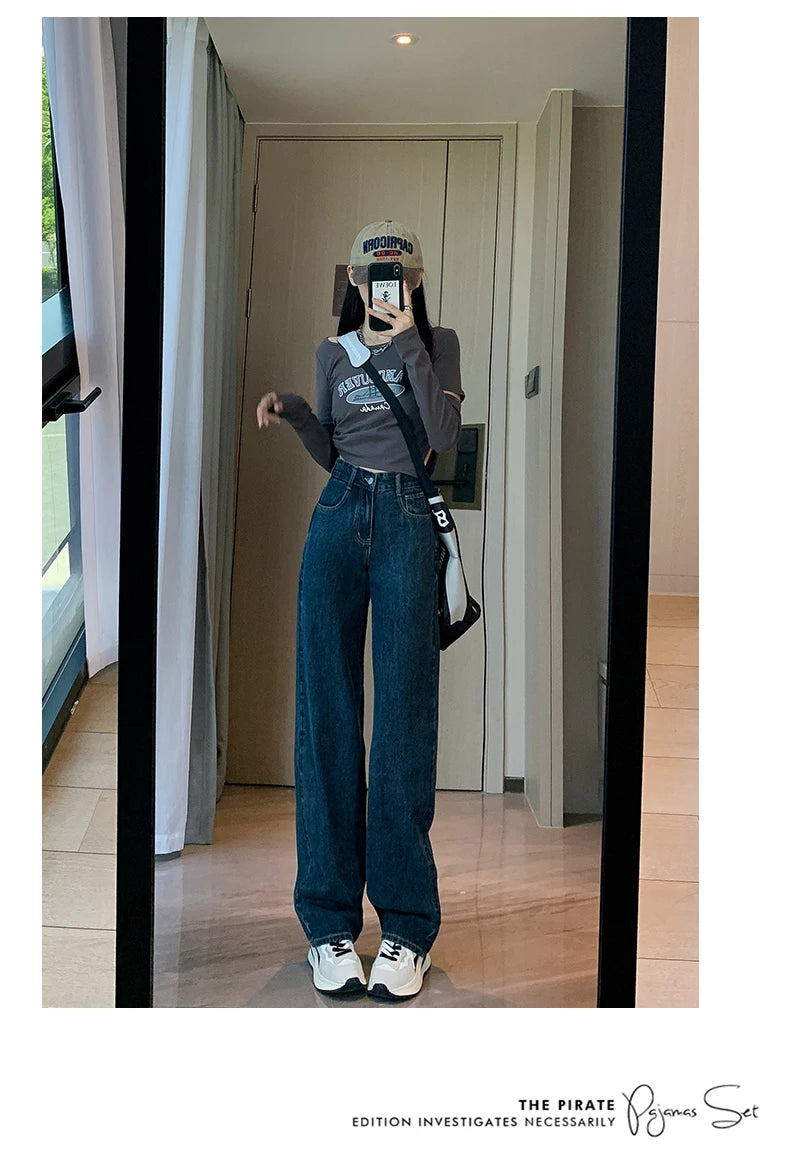 High Waist Casual Wide Leg Straight Jeans for Women
