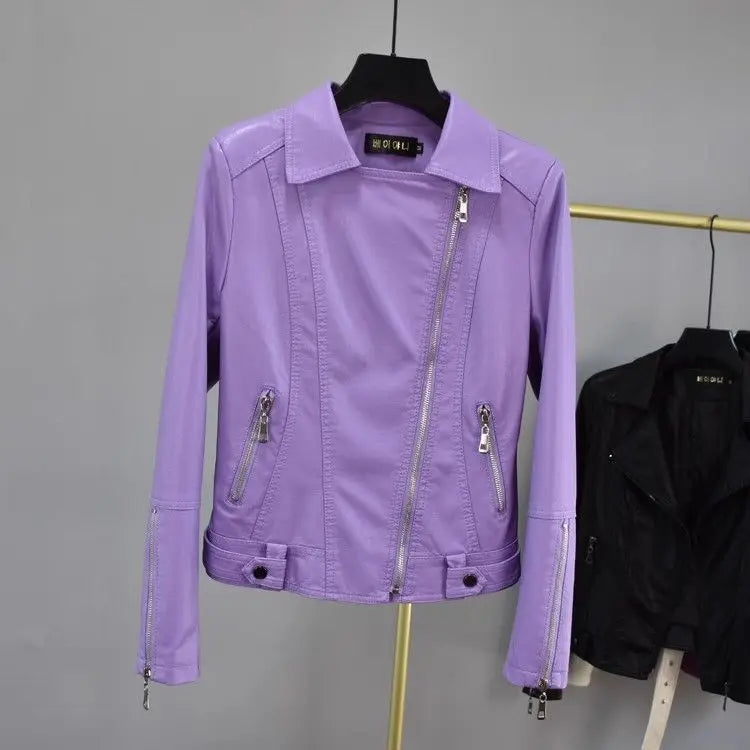 Purple Leather Jacket Women's Short Coat Slim Spring and Autumn Short Clothing