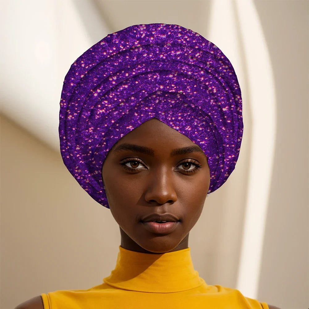 Gleaming Sequined African Print Head Wrap for Women