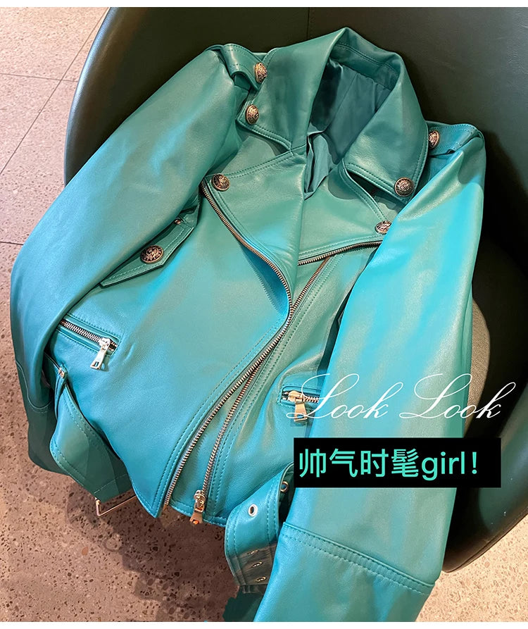 Bright Green Faux Leather Biker Jacket With Adjustable Waist For Women