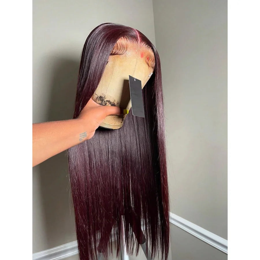 Straight Burgundy Transparent Lace Frontal Wig For Women