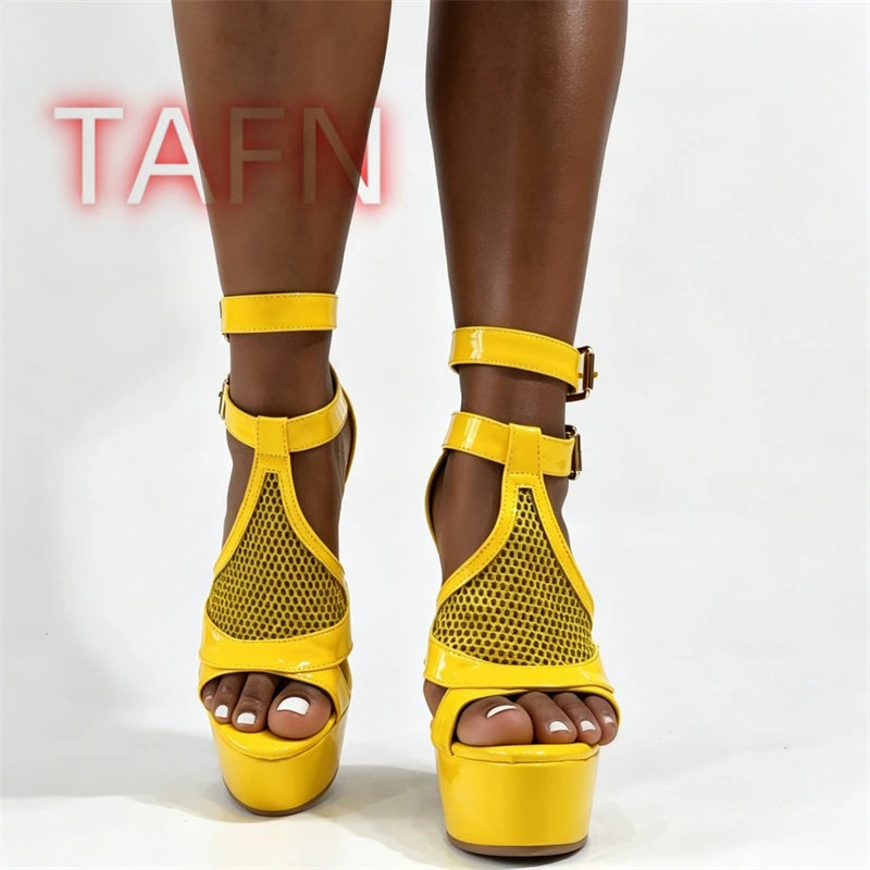 Mesh Buckle Strap Stiletto Platform Sandals for Women