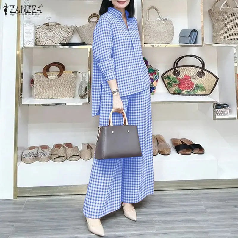 Gingham Blouse And Wide Leg Pants Set