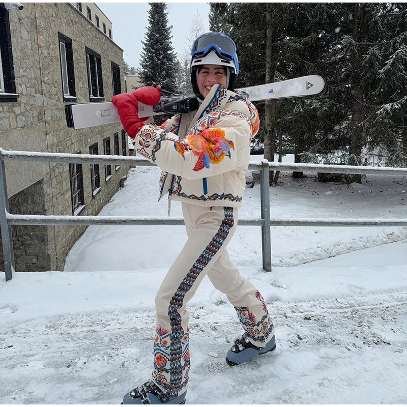 Printed Hooded Ski Jacket And Wide Leg Pants Set for Women