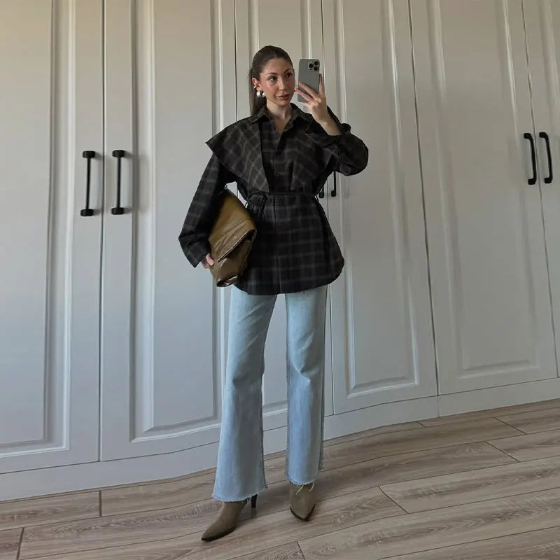 Elegant Plaid Patchwork Long Sleeve Shirt for Women
