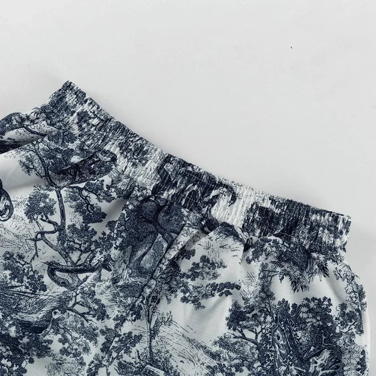 Casual Retro Ink Print Shirt and Shorts Set for Women