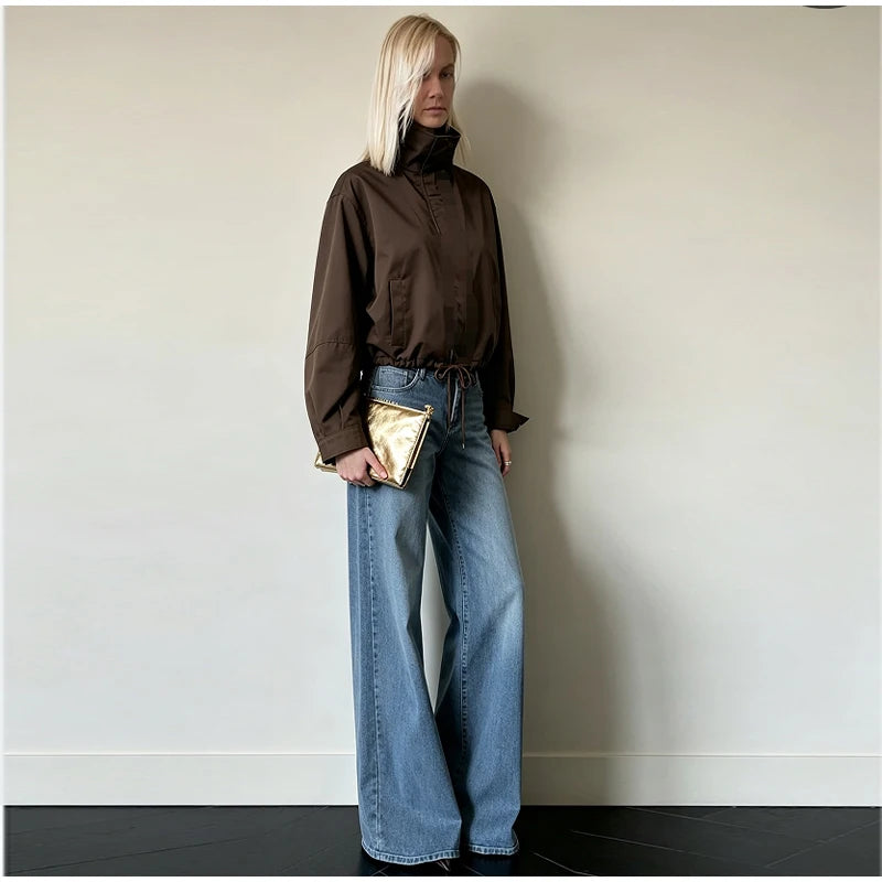 Casual Solid Jacket With Stand Collar And Pockets for Women