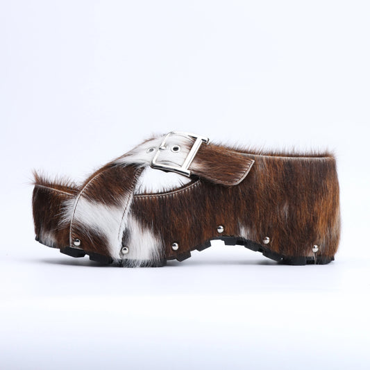 Mary Jane Platform Clogs with Arch Support Women's Adjustable Strap,Natural Calf Hair Mules, Leather-Lined Slip-On Vintage Shoes