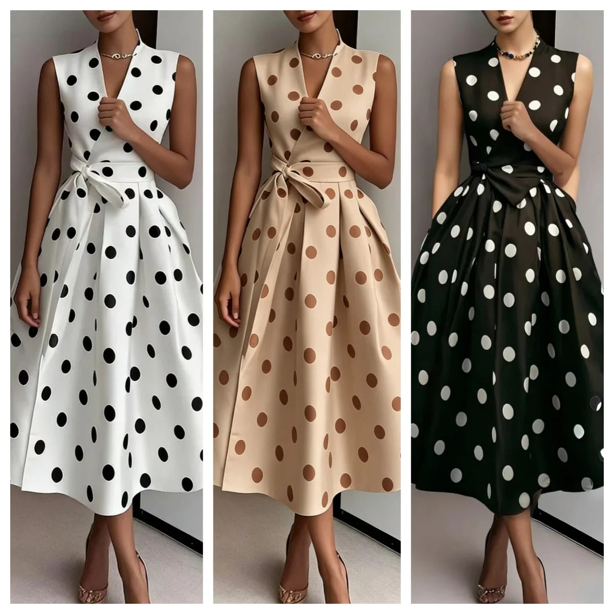 Vintage Polka Dot V Neck Lace Up Midi Dress for Women