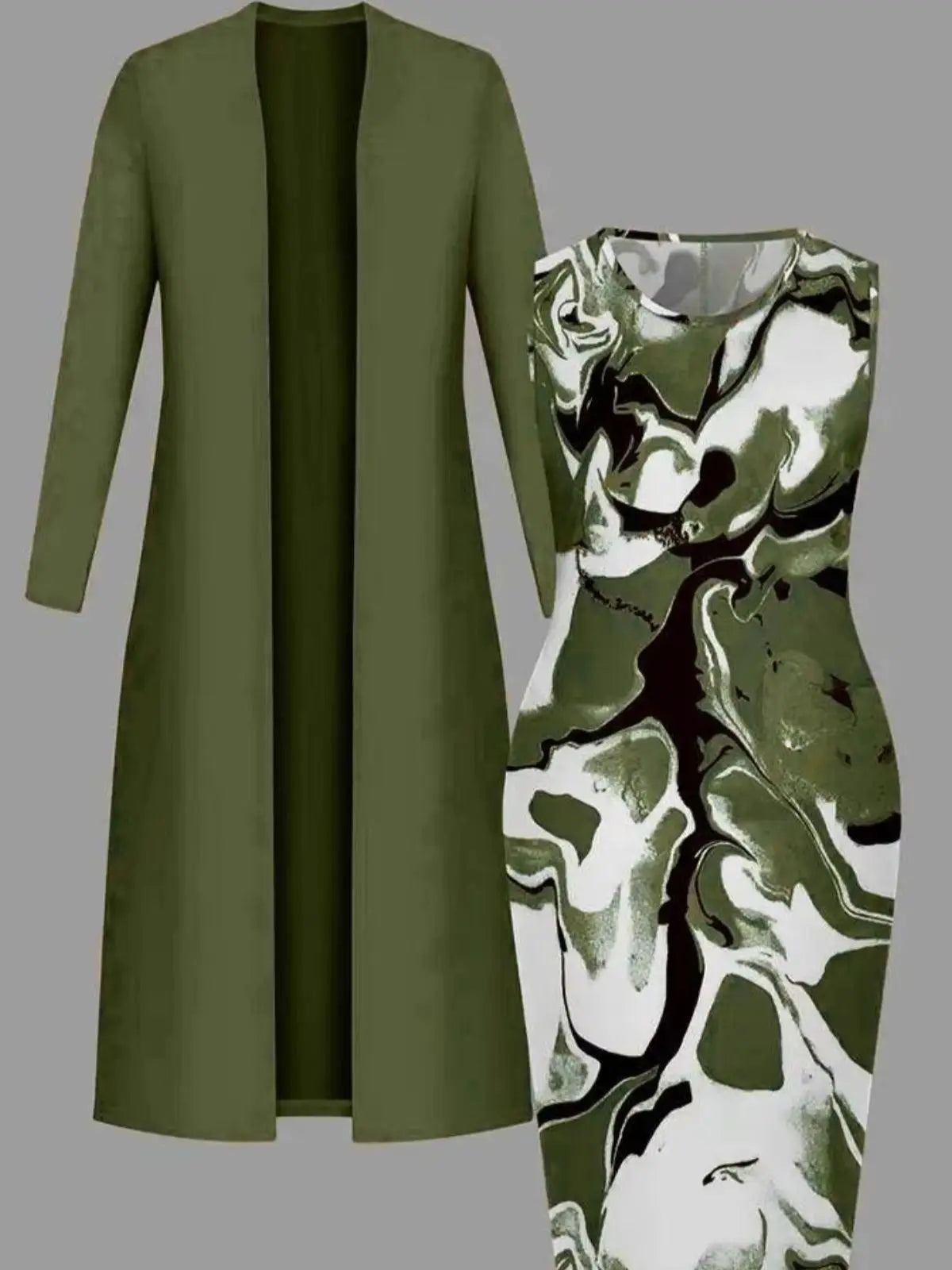 Long Sleeve Open Front Long Cardigan And Marble Print Sleeveless Midi Dress Two Piece Casual Outfit Set For Women