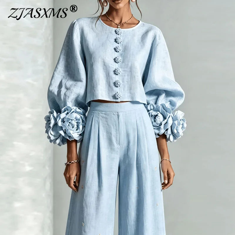 Puff Sleeve Floral Crop Top and Wide Leg Pants Set for Women