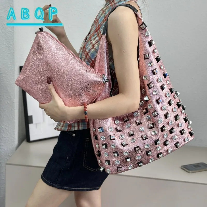 New Women's Diamond Handbag Luxury Brand Fashion Diamond Women's Shoulder Bag Large Capacity Shiny 2-piece Set Women's Bag