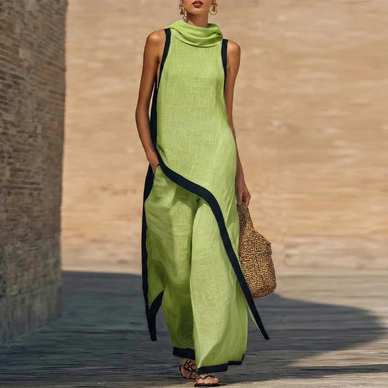 Casual Solid Blouse and Wide Leg Trousers for Women