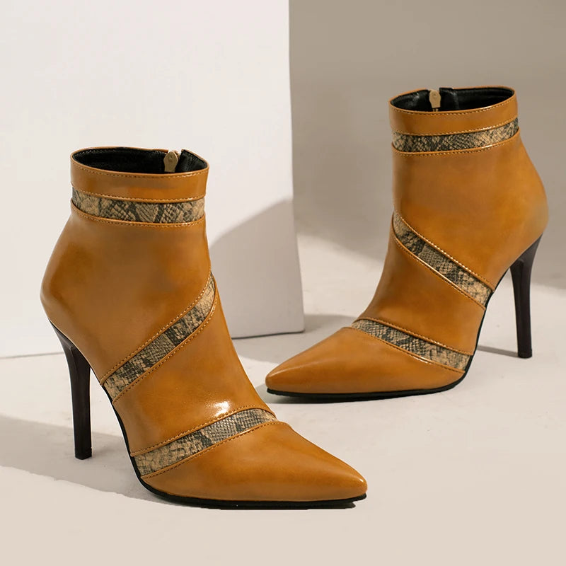 Pointed Toe PU Leather Stiletto Ankle Boots for Women