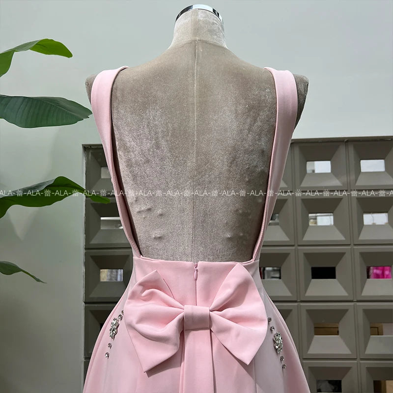 High-end Light Luxury Party Dress 2025 Summer Clothes New Heavy Industry Diamond Square Collar Waist Halter Bow Short Dress