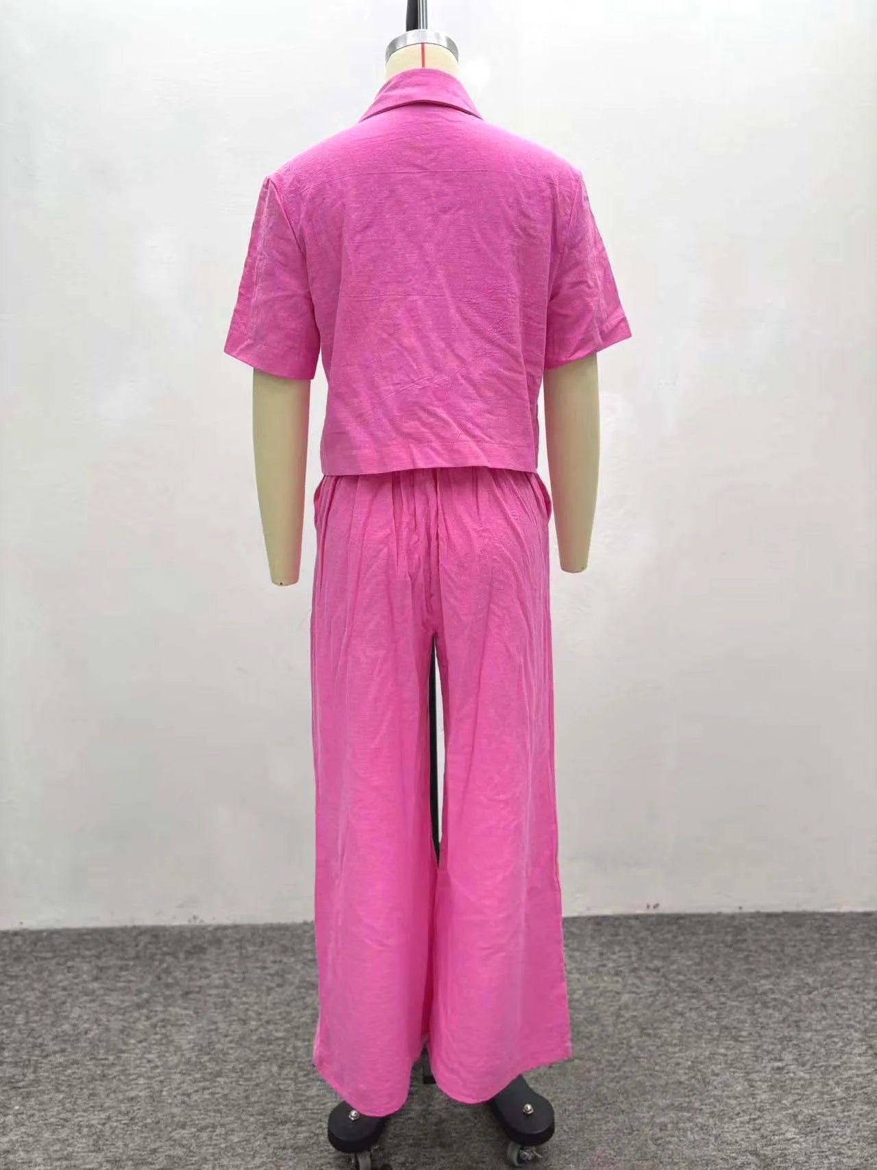 Two Pieces Women Pant Sets Solid Matching Sets Pocket Button Short Sleeve Top Empire Waist Wide Leg Pants Loose Fit 2025 Summer