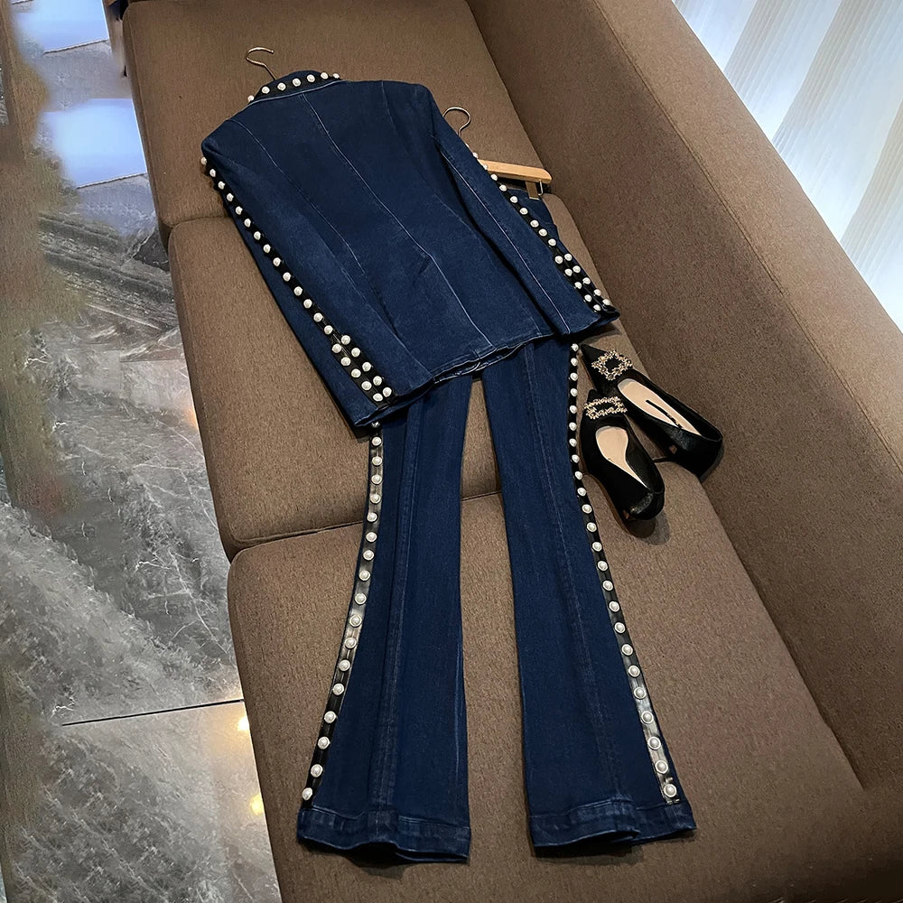 TWOTWINSTYLE Blue Denim Pearl Embellished Suit for Women Tailored Blazer Flared Pants Two Piece Set for Fashion Shows KSE559320