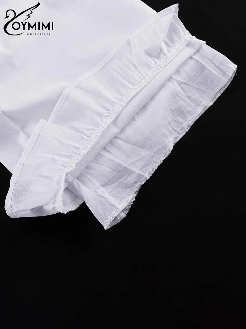 Oymimi Elegant White Cotton Sets For Women 2 Pieces Casual Lapel Long Sleeve Button Shirts And Ruffled Ankle-Length Pants Sets