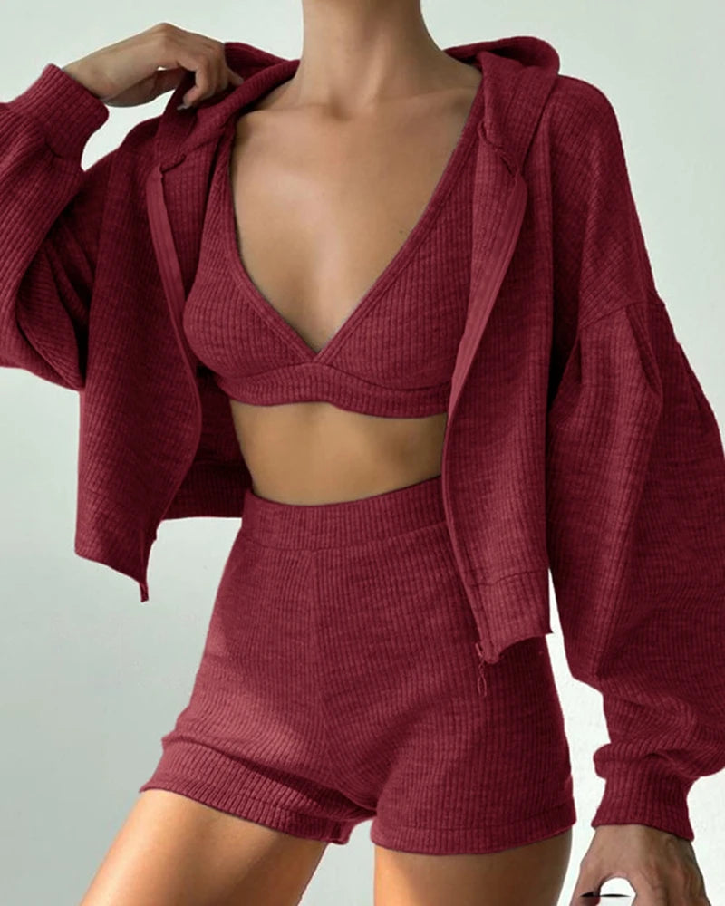 Ribbed Solid Color Three Pieces Sporty Suit Bra & Shorts and Lantern Sleeve Hooded Sweatshirt Coat Casual Suit