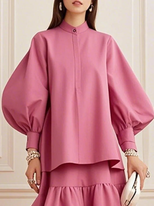Beautyblue Pink T-shirt for Women Fashion Puff Sleeves Tops New Luxury Loose Pleated Split-Joint Round-Neck Simple Y2k Blouses