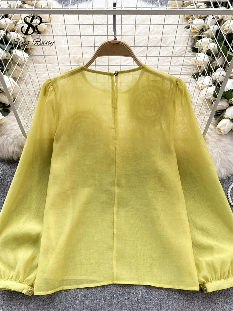 Sheer Floral Bohemian Long Sleeve Satin Blouse for Women