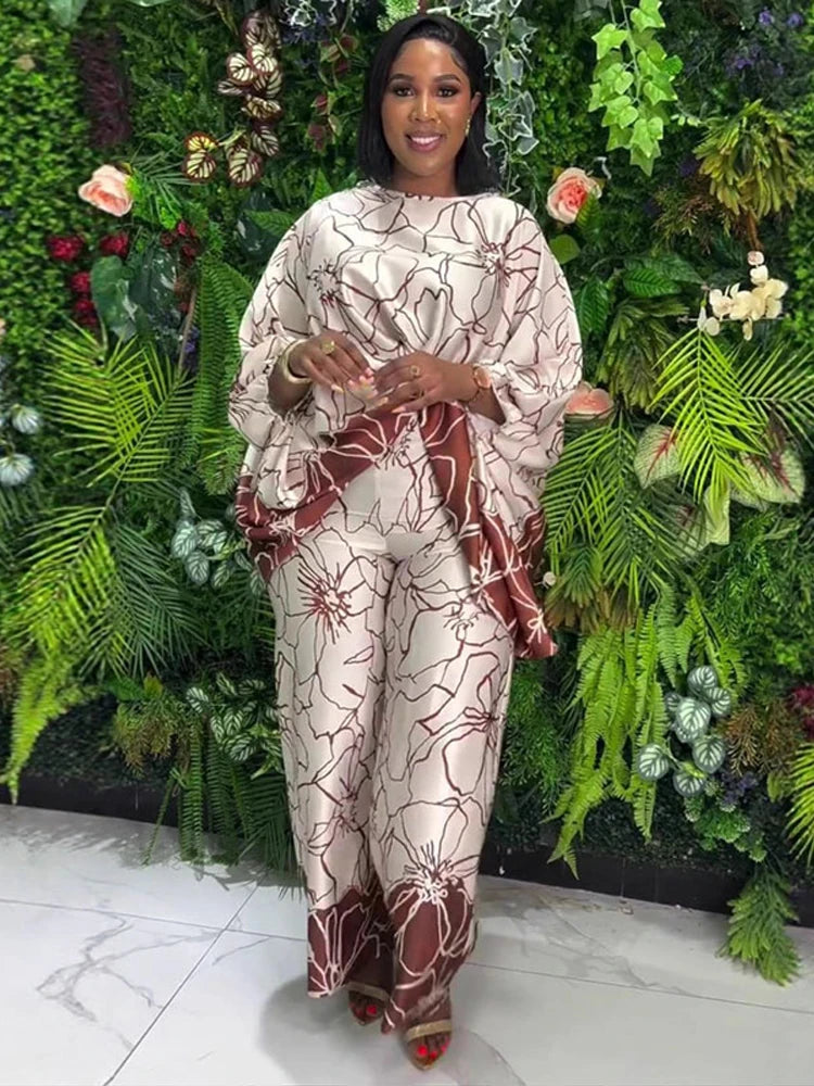 Floral Print Satin Lantern Sleeve Two Piece Set for Women