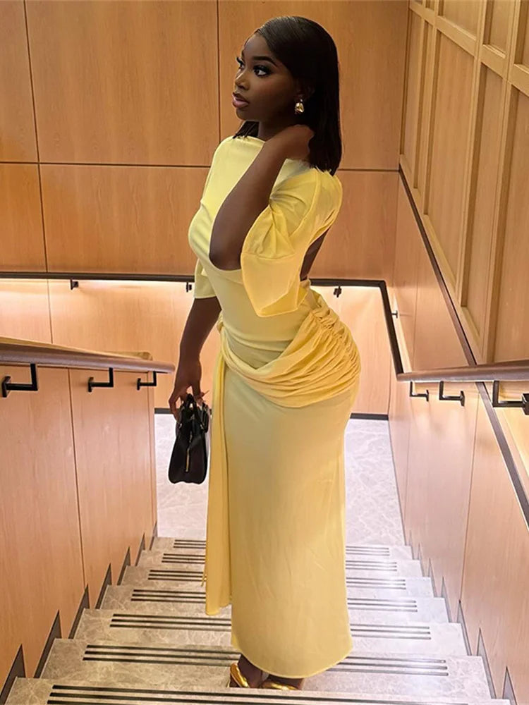 Backless Maxi Dress With Ribbon Decoration and Half Sleeve for Women