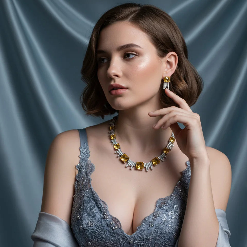 Square Zircon Necklace and Earrings Set