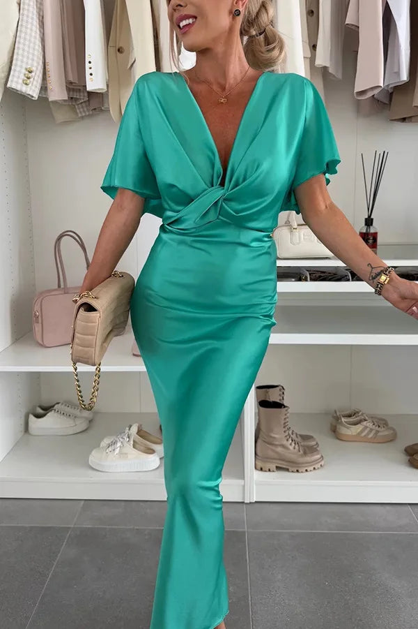 2025 Womens Satin Dresses Summer Khaki Black Blue Dress Woman V-Neck Bat Sleeve Vestidos Elegant Luxury Dresses