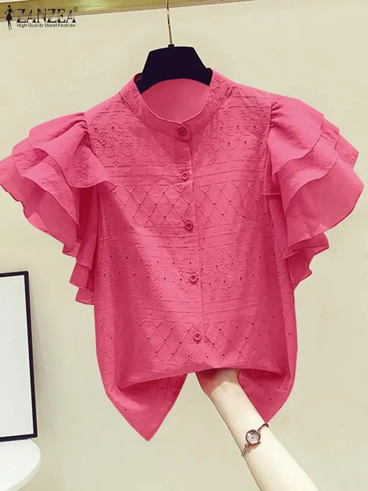 ZANZEA Korean Fashion Lace Shirt Women Ruffle Short Sleeves Tops 2024 Summer Designer Blouse Office Lady Lapel Neck Buttons Tops