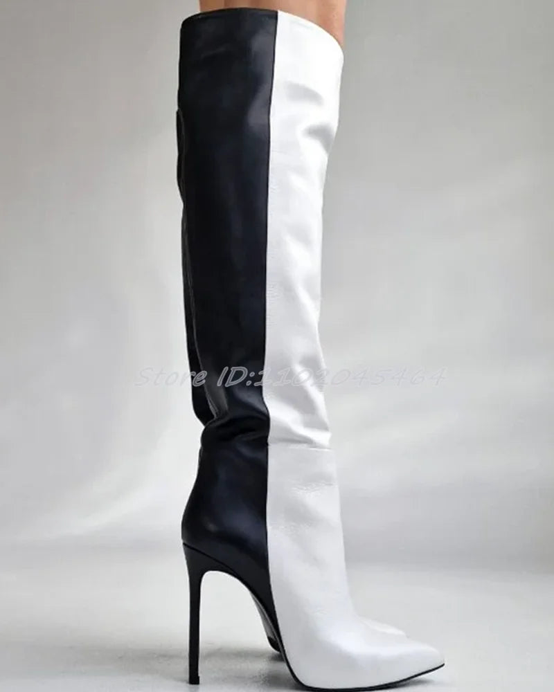 Black And White Leather Pointed Toe Knee High Boots For Women