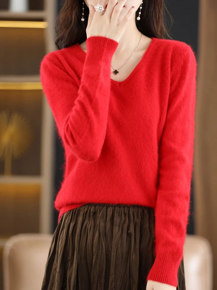 Soft Warm Loose Fit V Neck Cashmere Sweater for Women