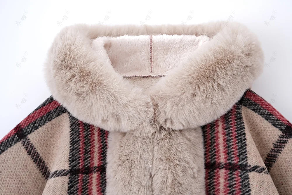 Faux Rabbit Fur Plaid Hooded Poncho Coat for Women