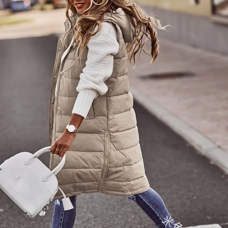 Warm Hooded Longline Sleeveless Vest Coat for Women